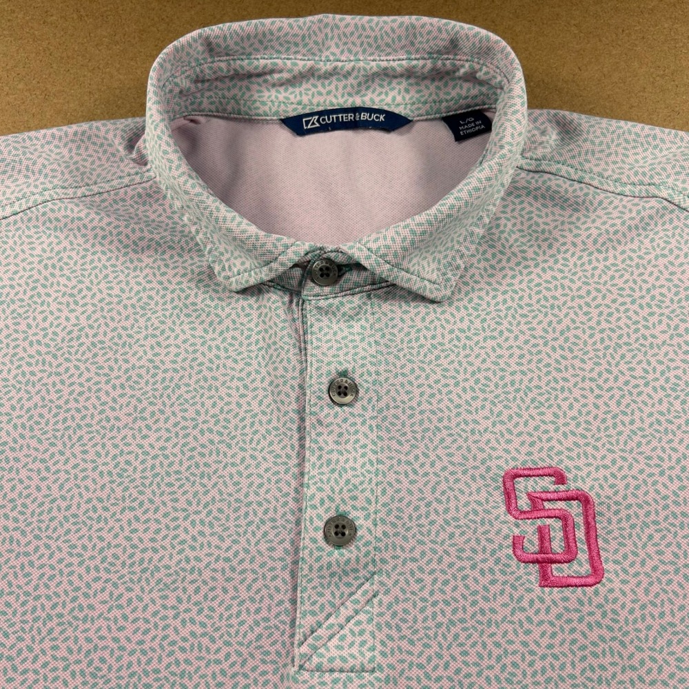 Cutter & Buck San Diego Padres City Connect Polo Shirt Men L Pink Green Leaf AOP